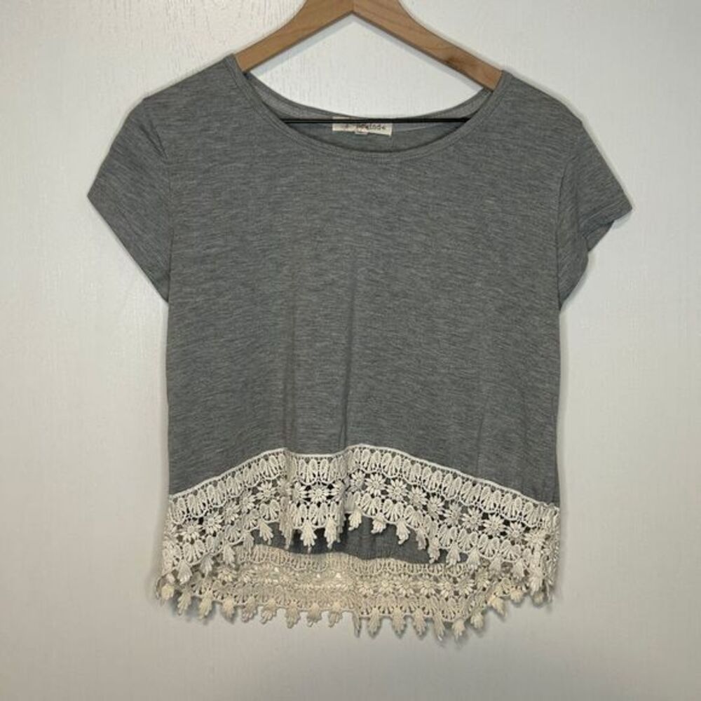 Rewind Gray T-Shirt with Crochet Lace Trim Boho Chic Casual Top | A23